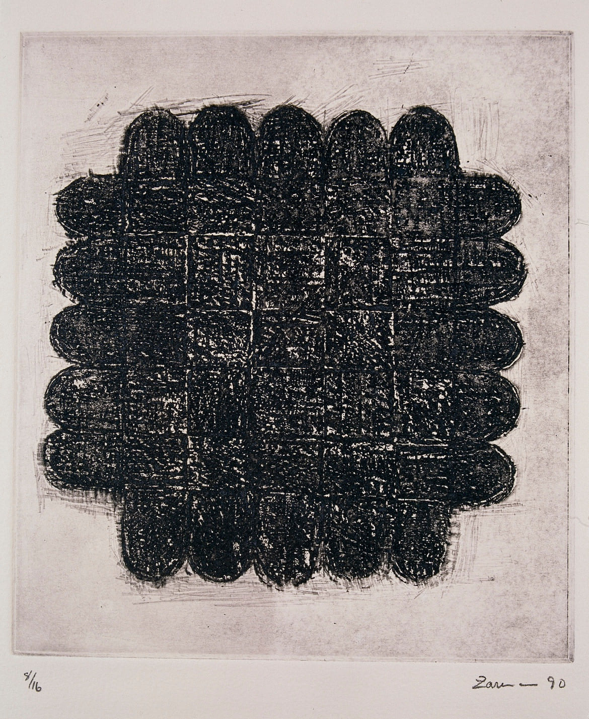At Night I Go to the House at Aligarh, 1990, an etching in which a dense black enclosure is crossed by a faint internal grid