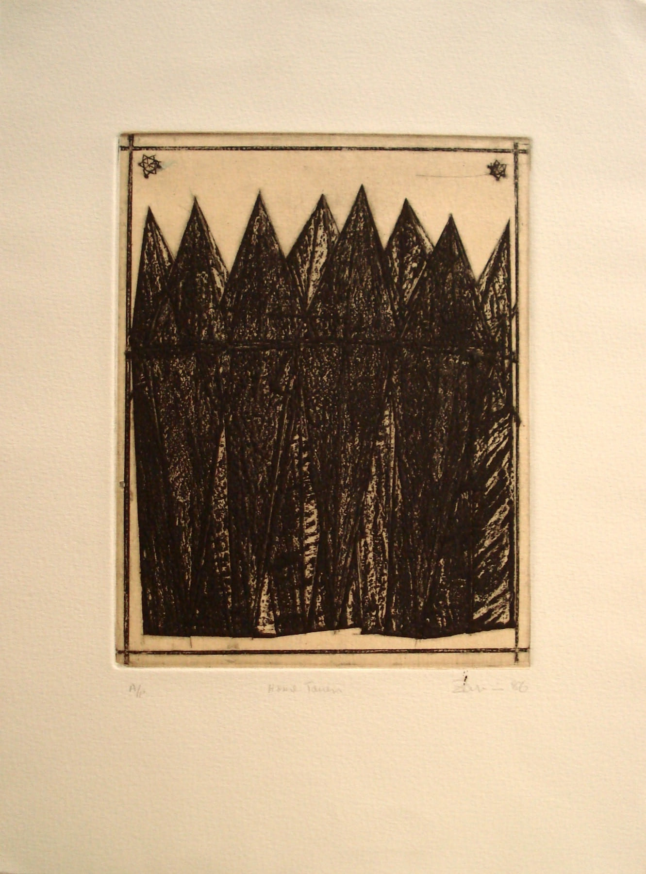 Home Town, 1986, a spare woodcut in which a dark architectural form encloses a luminous opening
