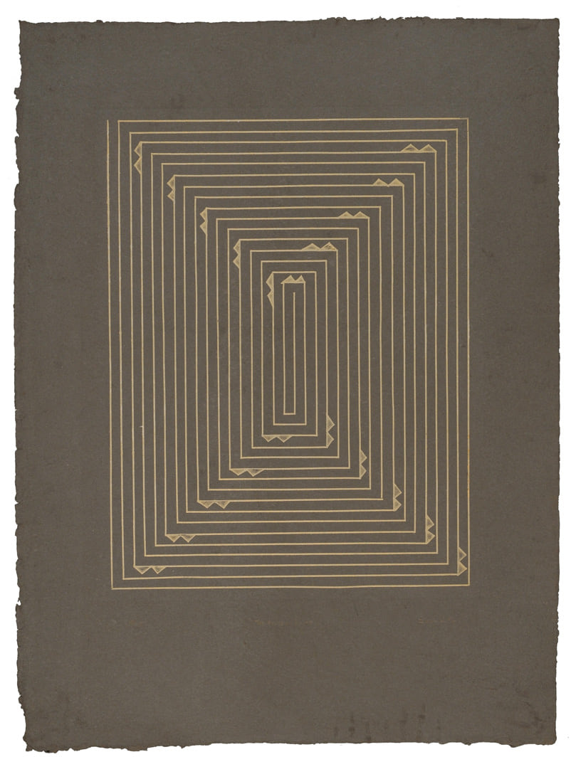 Golden Route, 1982, a grey handmade-paper sheet crossed by nested gold lines and small house-like signs