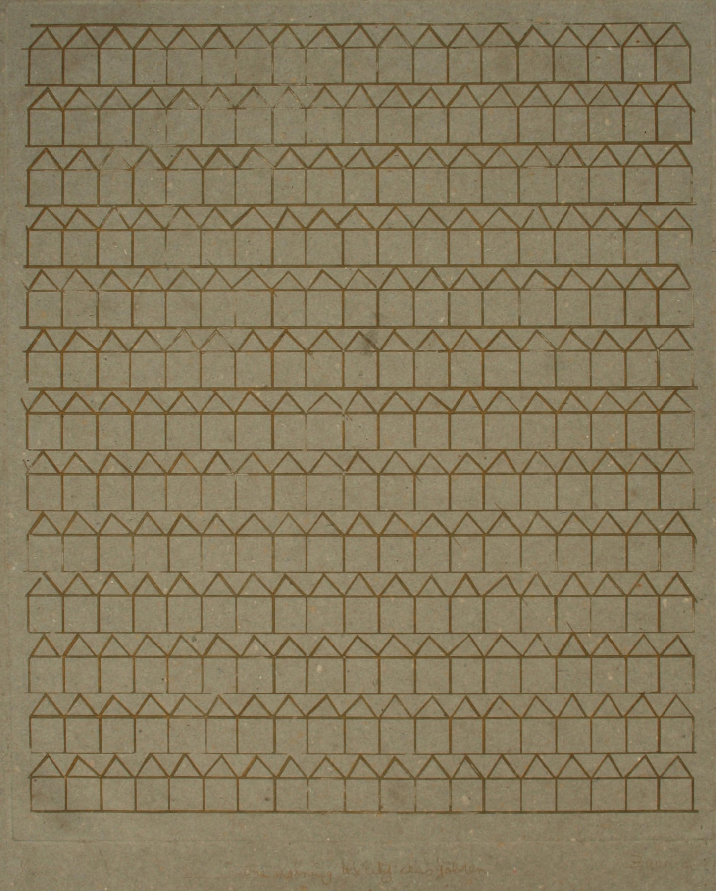 One morning the city was golden, 1981, an etching in gold ink whose repeated house outlines fill a grey-green sheet