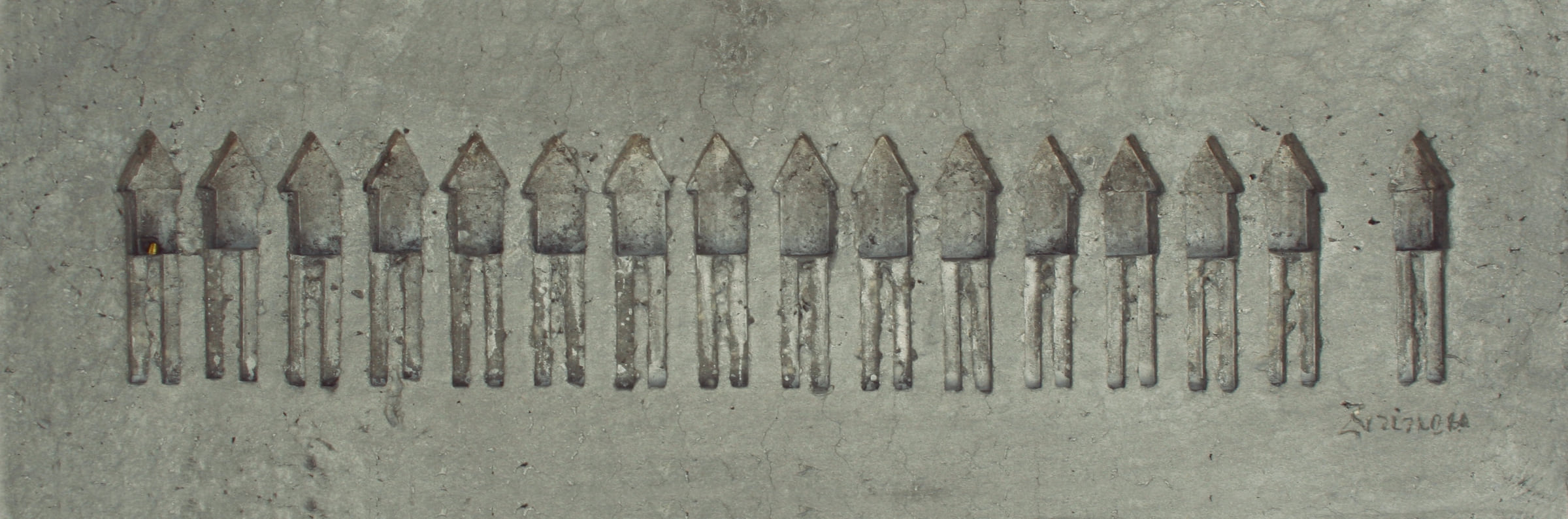 Homes, 1981, a long cast-paper relief of repeated house forms incised into a fibrous grey surface