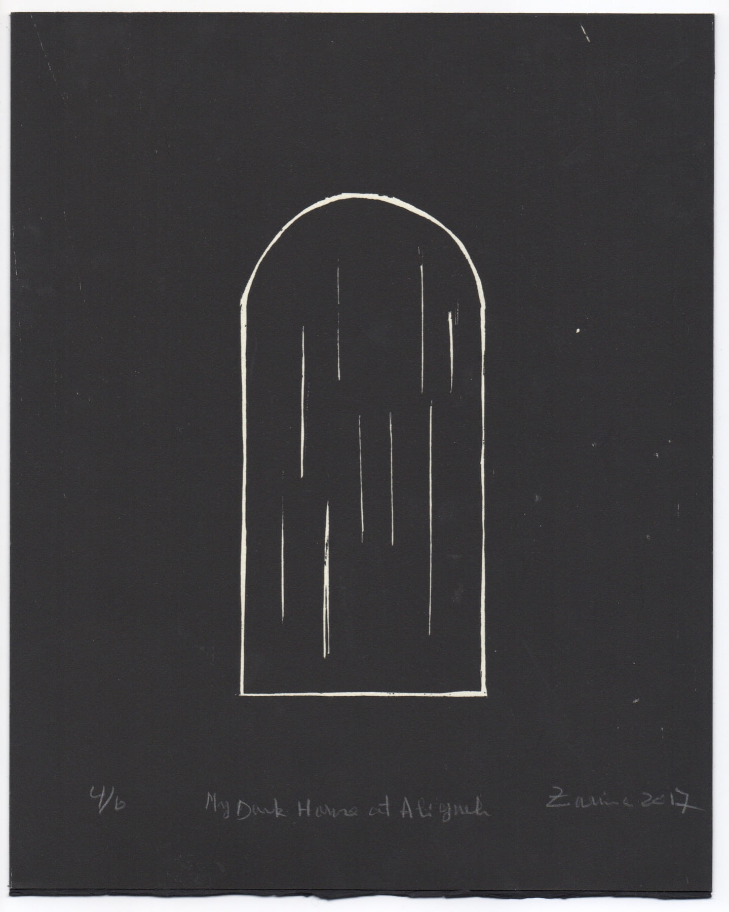 Zarina’s My Dark House at Aligarh, a white arched threshold held within a black sheet