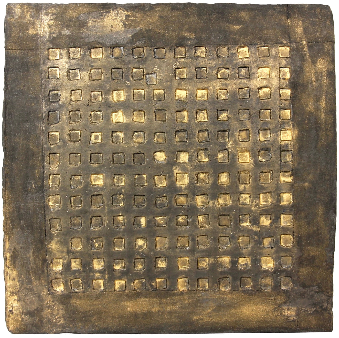 Wall, 1979, a square cast-paper relief darkened with graphite and warmed by gold pigment