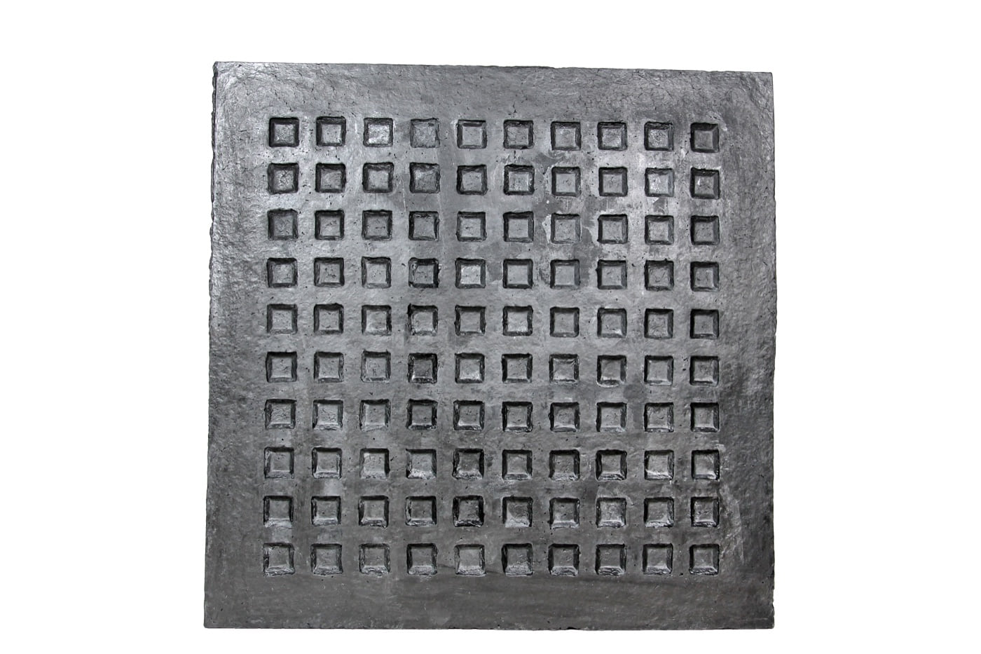 Pools, 1980, a dark cast-paper relief organized as a hand-worked grid of recessed squares