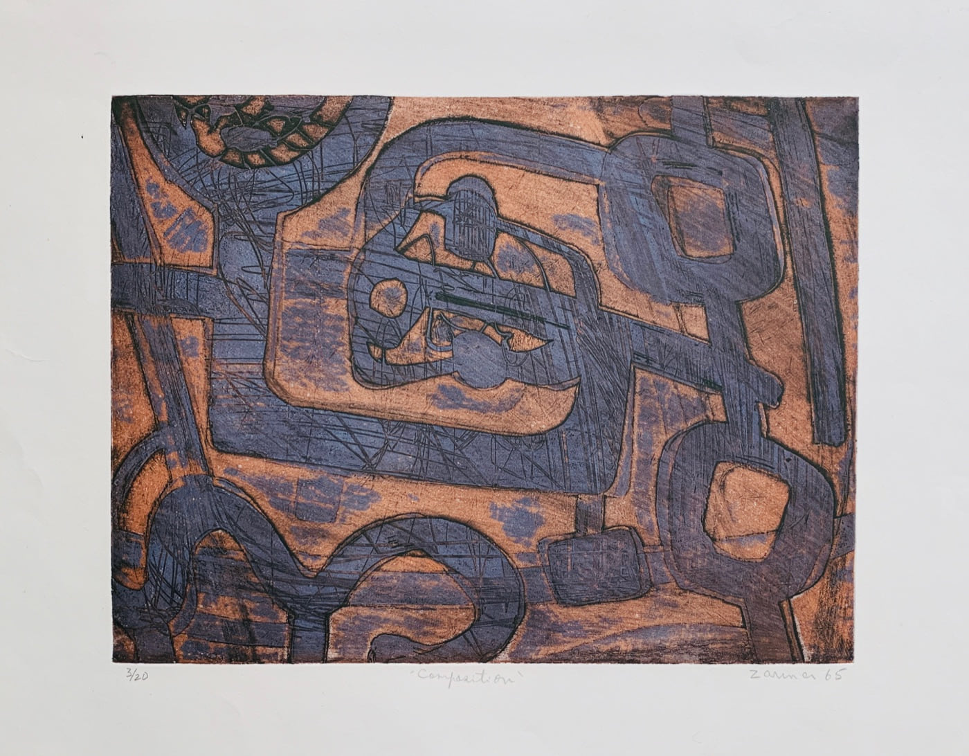 Composition, 1965, Zarina’s dense abstract print in copper, slate, and black