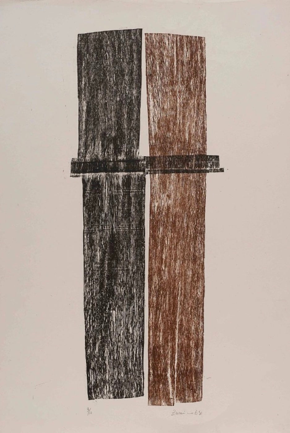 Kiss, 1968, a woodcut in black and burnt umber whose two tall, textured forms meet across a horizontal band