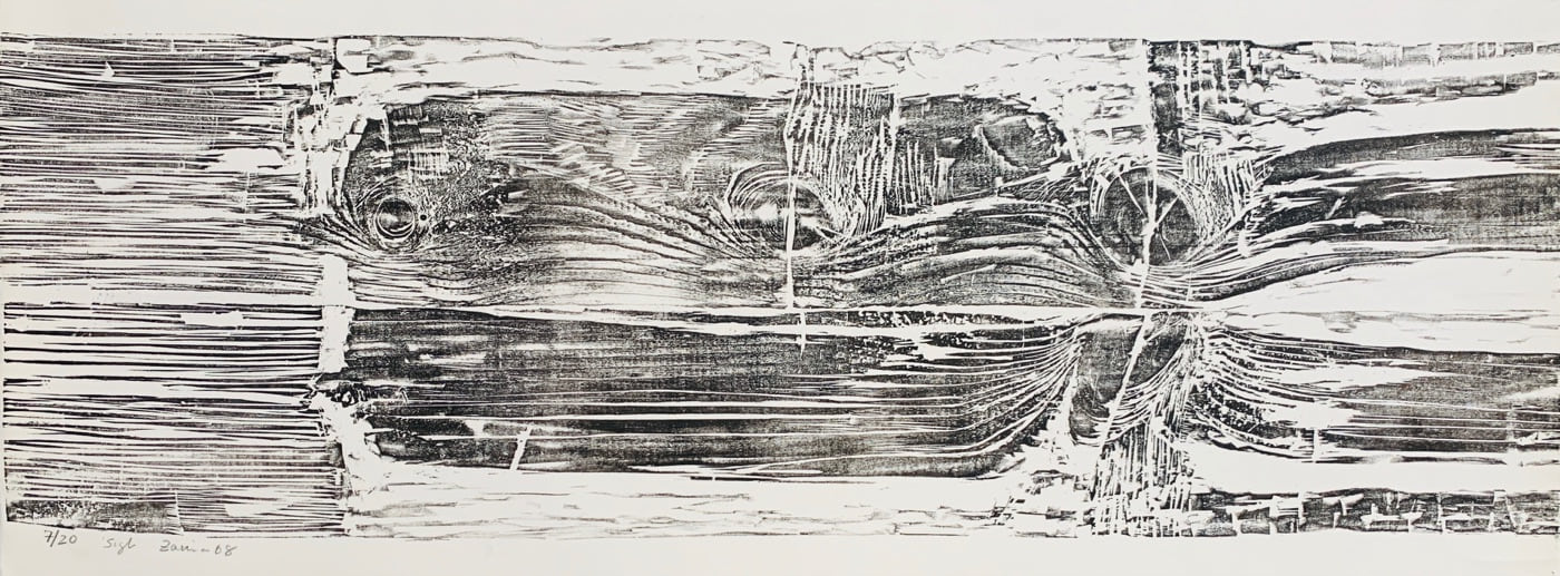 A Sigh, 1968, a wide black-and-white woodcut whose carved lines gather, cross, and disperse across the sheet