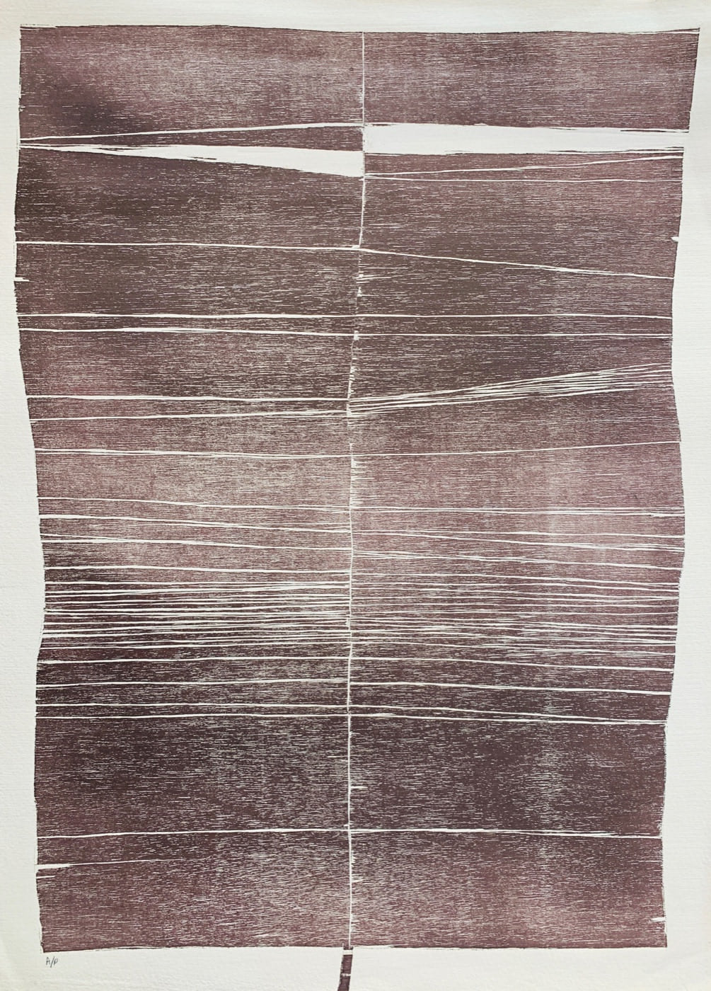 Untitled, 1969, a burnt-umber woodcut whose layered horizontal grain is crossed by a narrow vertical break