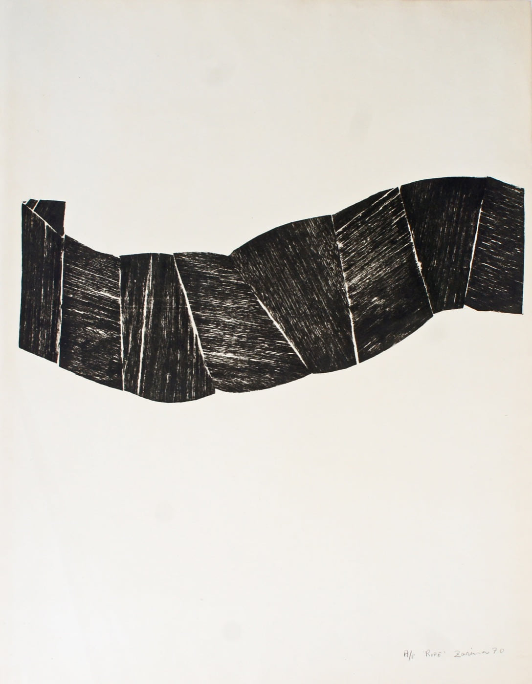 Rope, 1970, a woodcut of a dark twisting band assembled from visibly grained sections