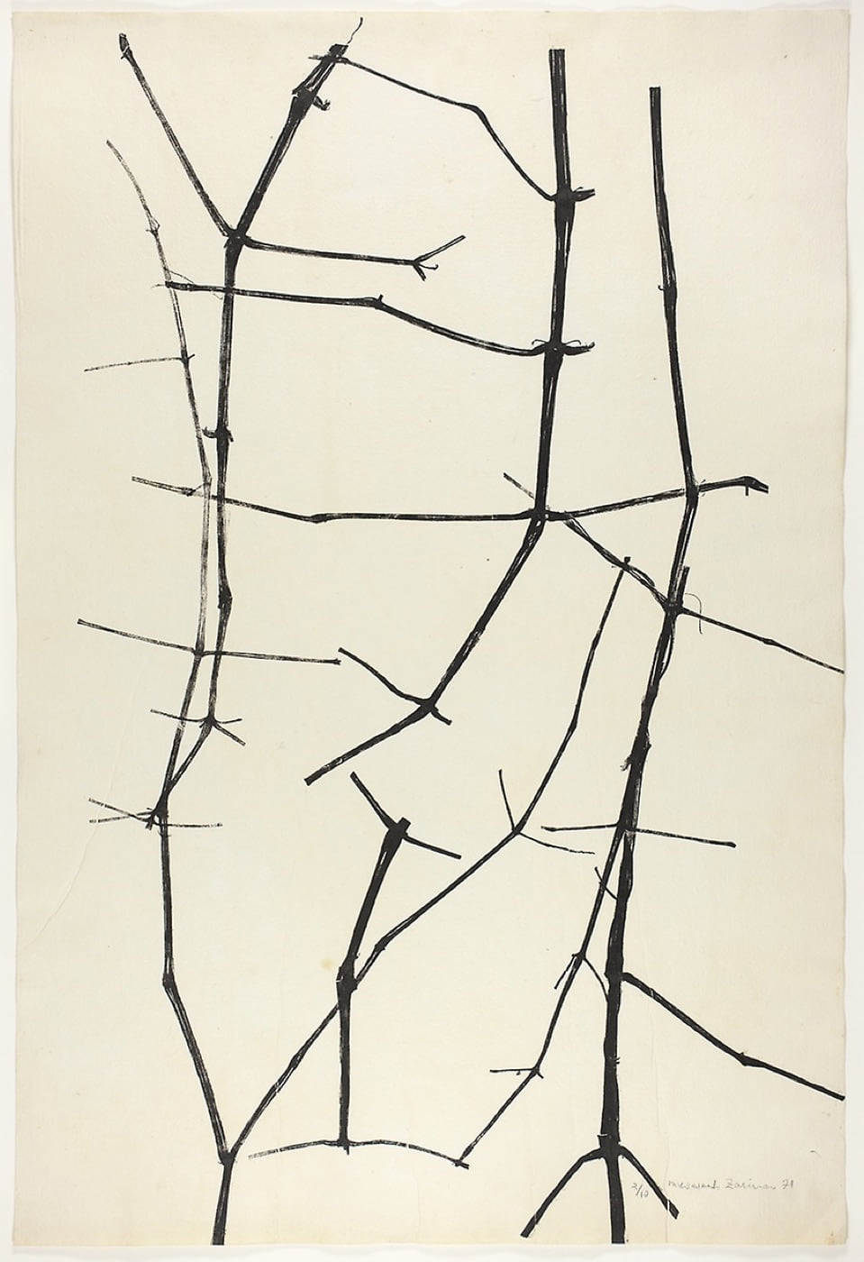 In the Woods II, 1971, a relief print in which branching black lines move across four joined sheets of handmade paper