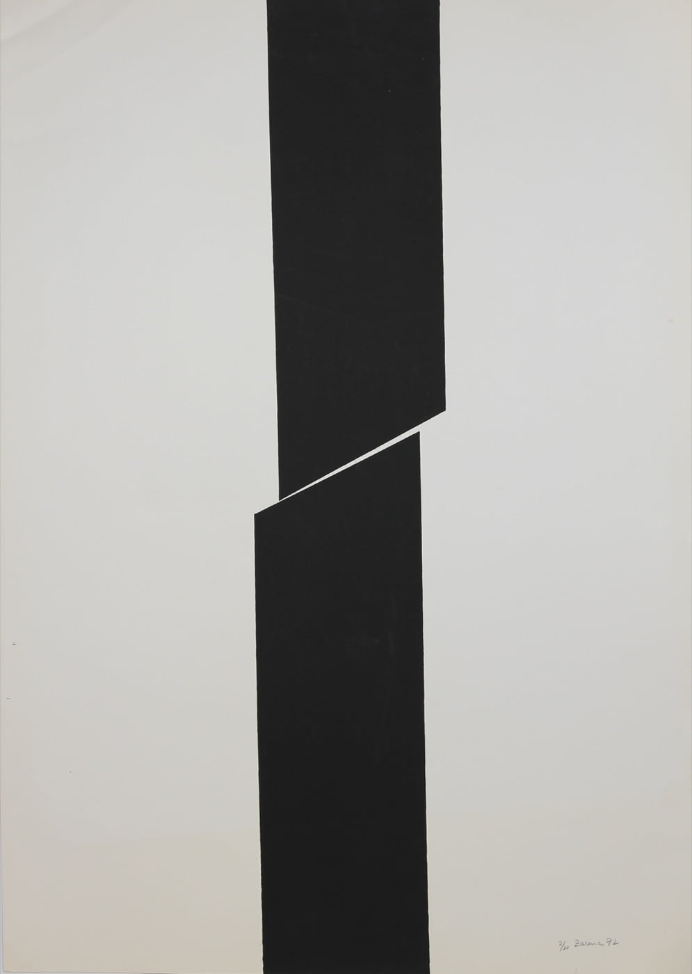 Untitled, 1972, a serigraph in which two vertical black planes nearly meet across a sharp diagonal opening