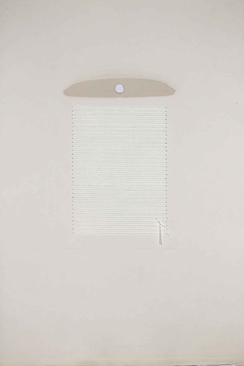 Spool, 1975, an embossed white field crossed by parallel lengths of thread beneath a small circular opening