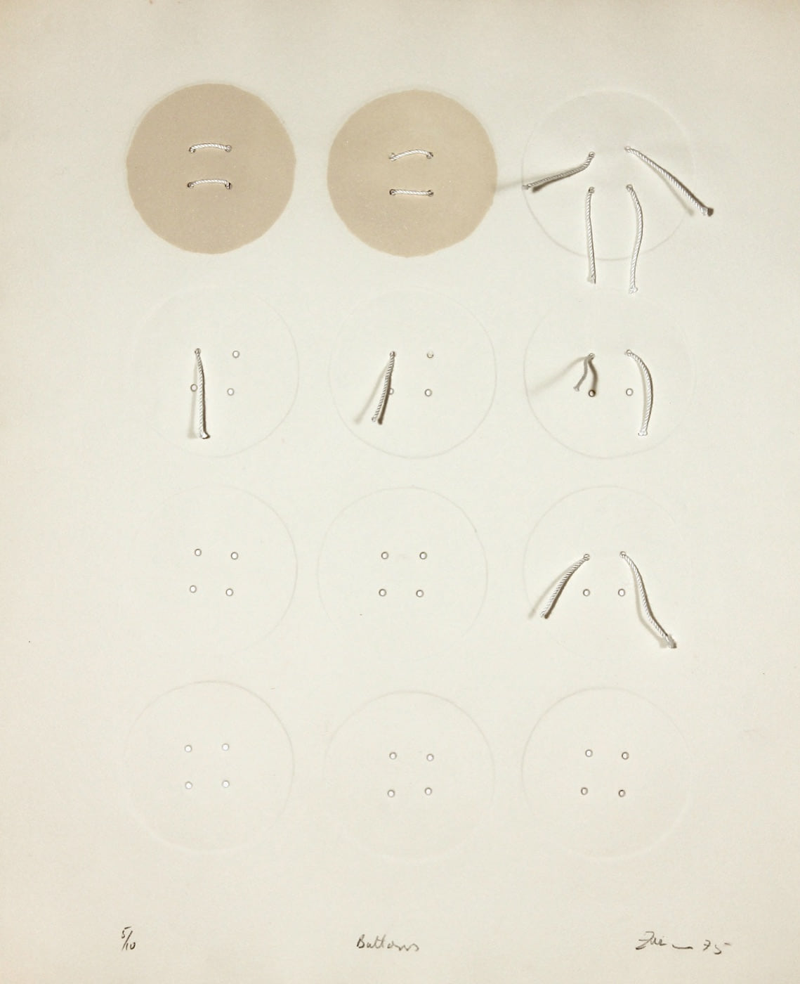 Buttons, 1975, an embossed white sheet organized around a vertical column of small circular forms