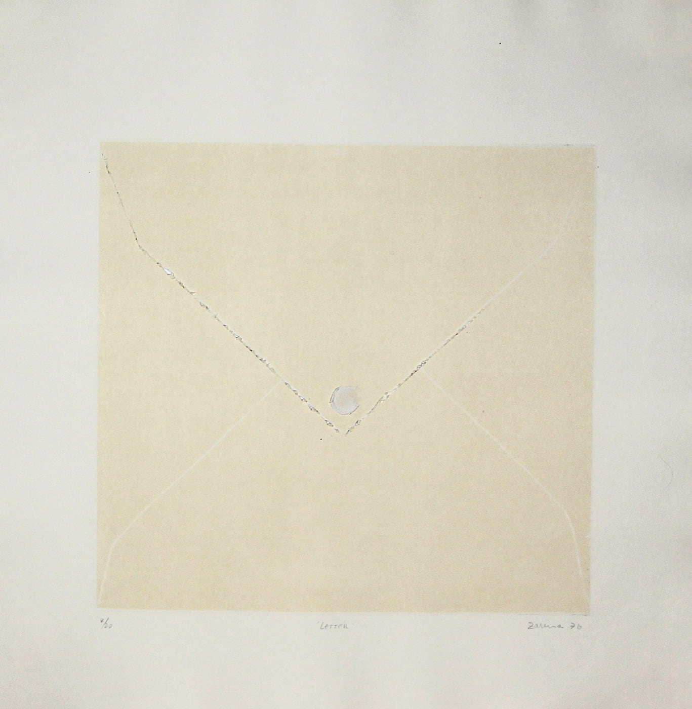 Letter, 1976, a pale square envelope form defined by scratches, white aquatint, and sealing wax
