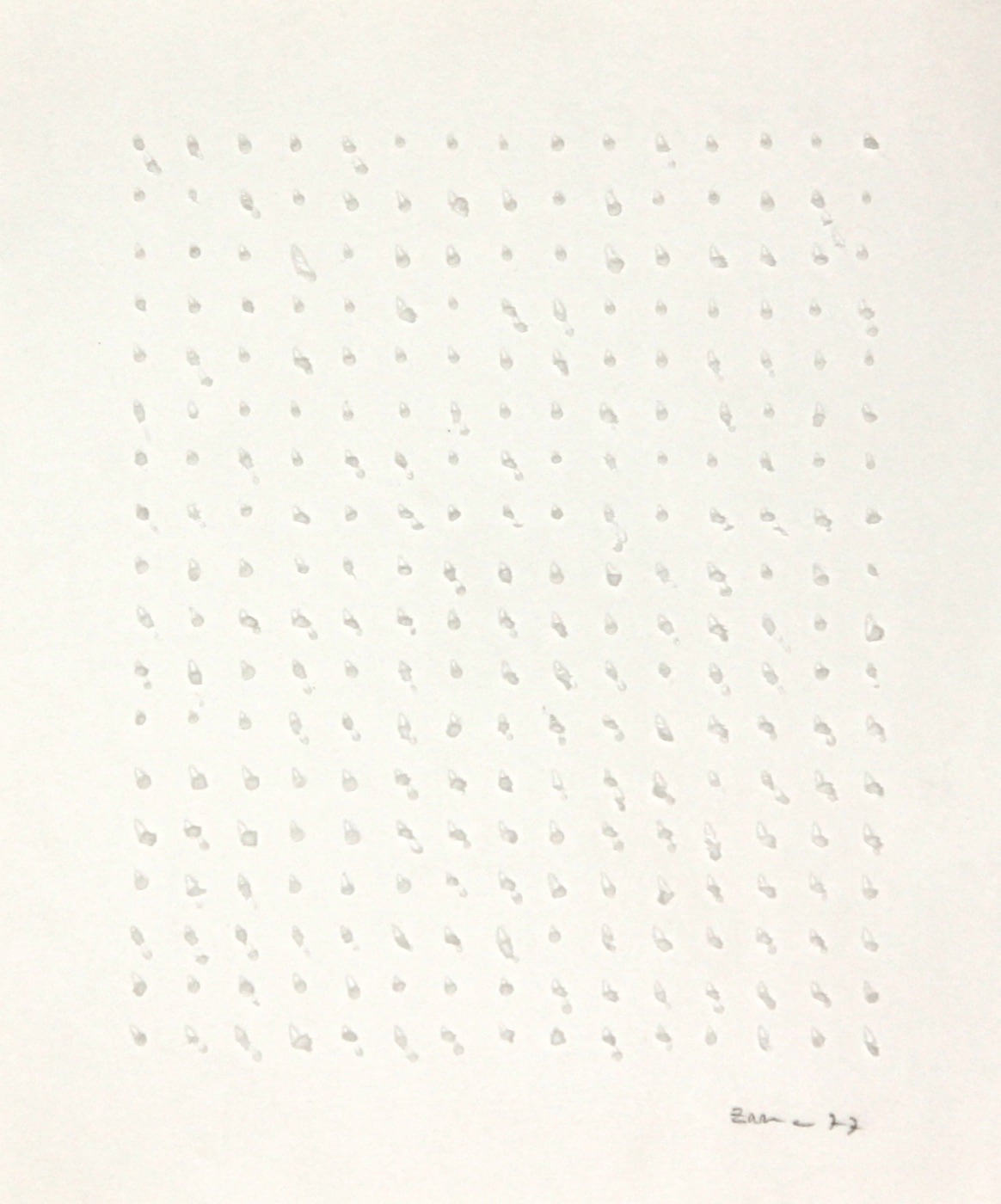 Untitled, 1977, a pale sheet articulated by a repeated field of hand-made punctures