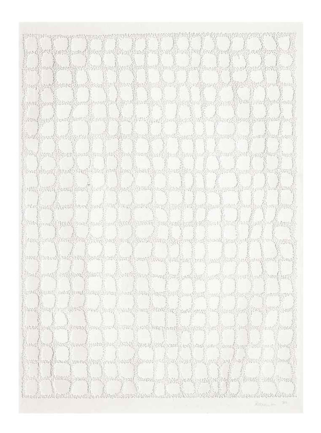 Untitled, 1978, a pin drawing whose hand-pierced lines form an irregular lattice across a pale sheet