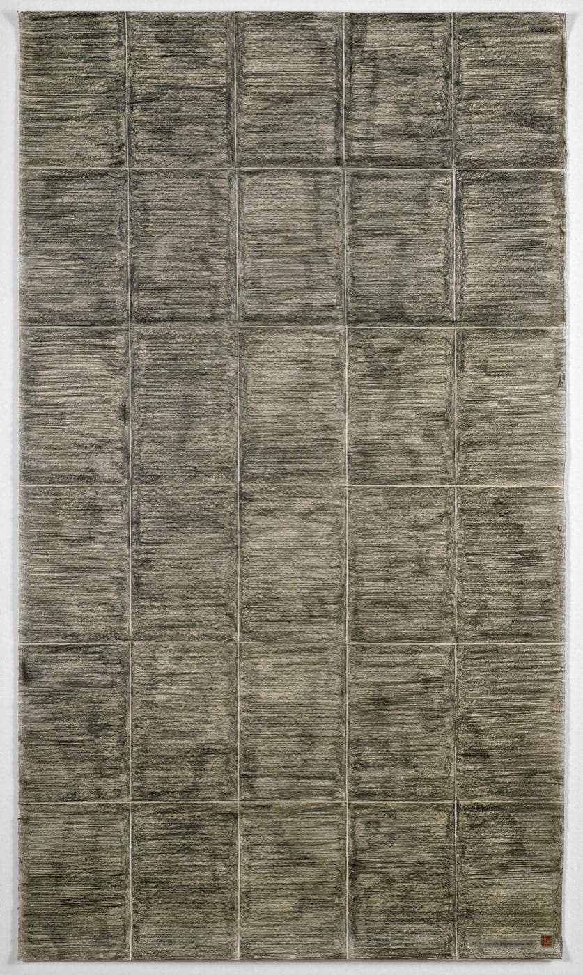 A Few Steps in the Land of Confucius, 2008, a tall graphite field divided into thirty hand-drawn rectangles