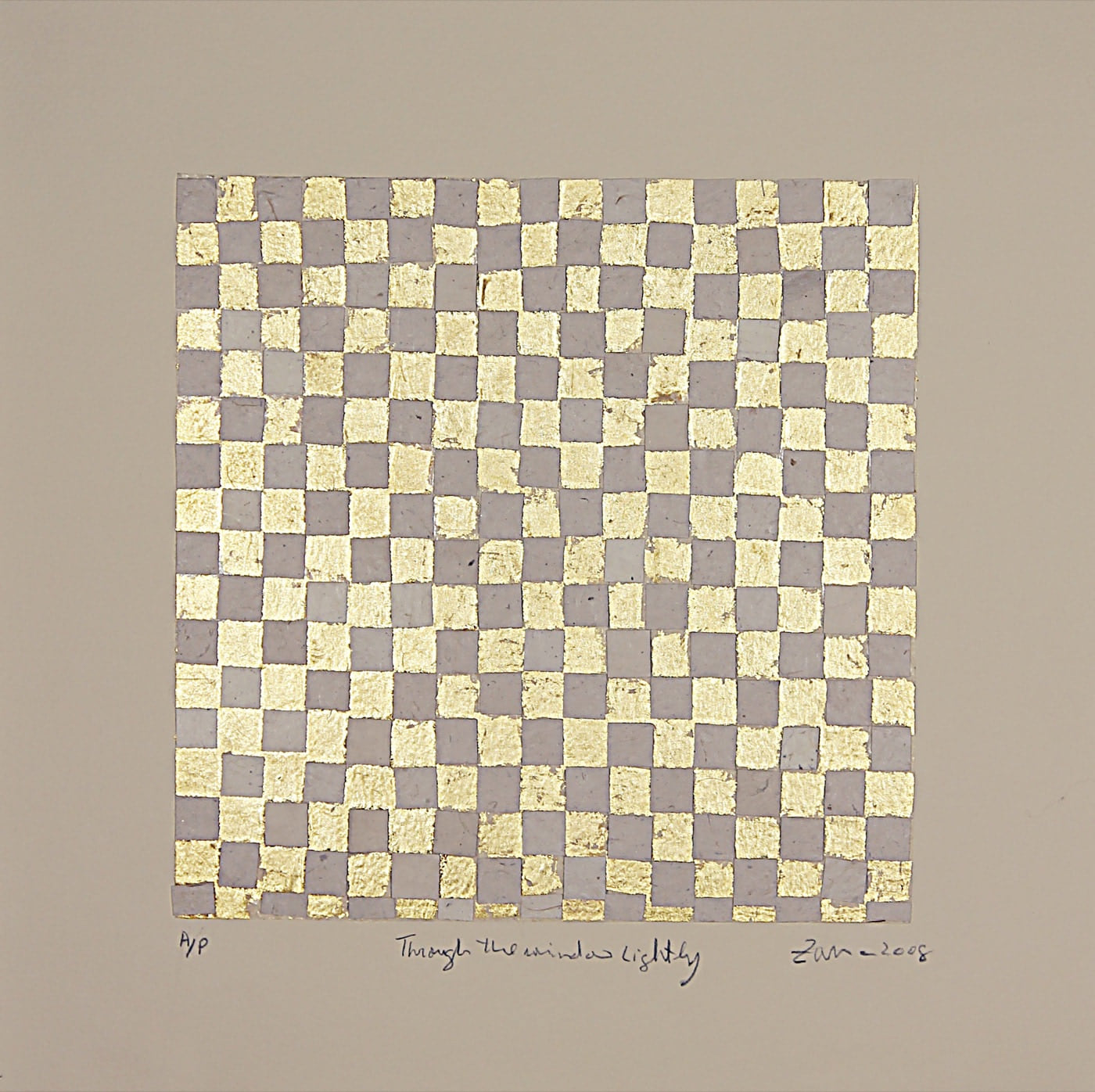 Through the Window Lightly, 2008, a hand-worked grid of grey paper and gold leaf