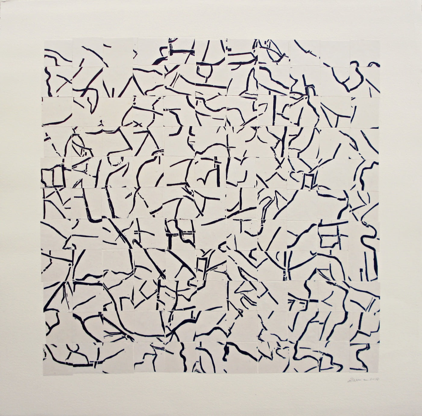 Broken Roads, Zarina’s 2010 work of fractured routes held within a dark square