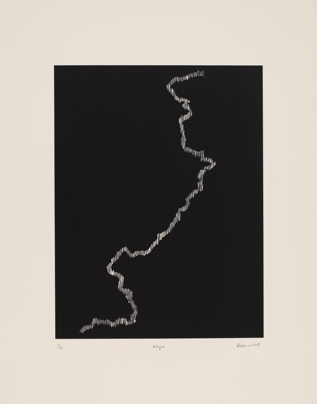 Abyss, 2013, Zarina’s white border line cutting through a deep black woodcut field