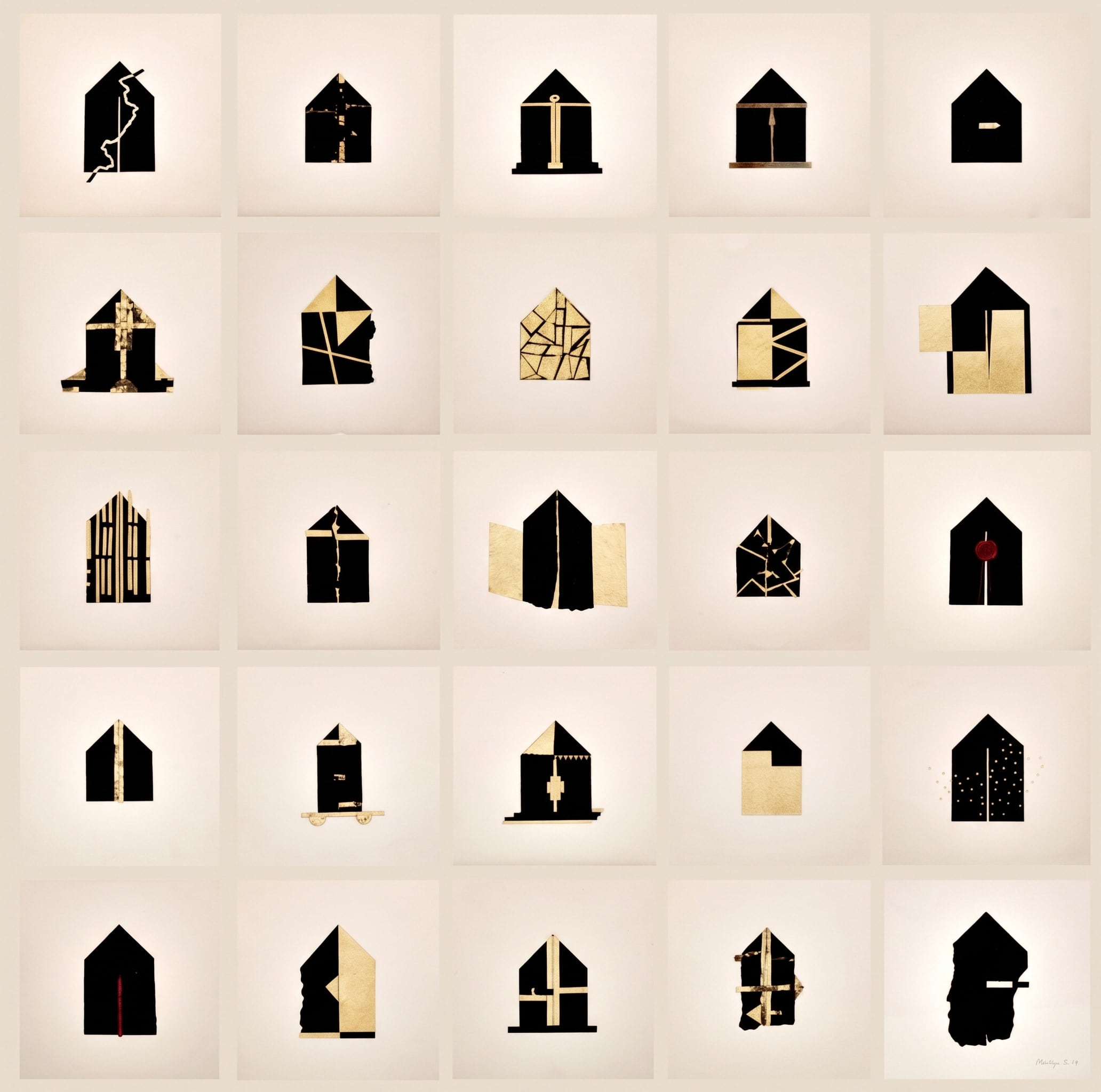 Folding House, 2013, twenty-five small black, gold, and paper house forms arranged in a precise five-by-five grid