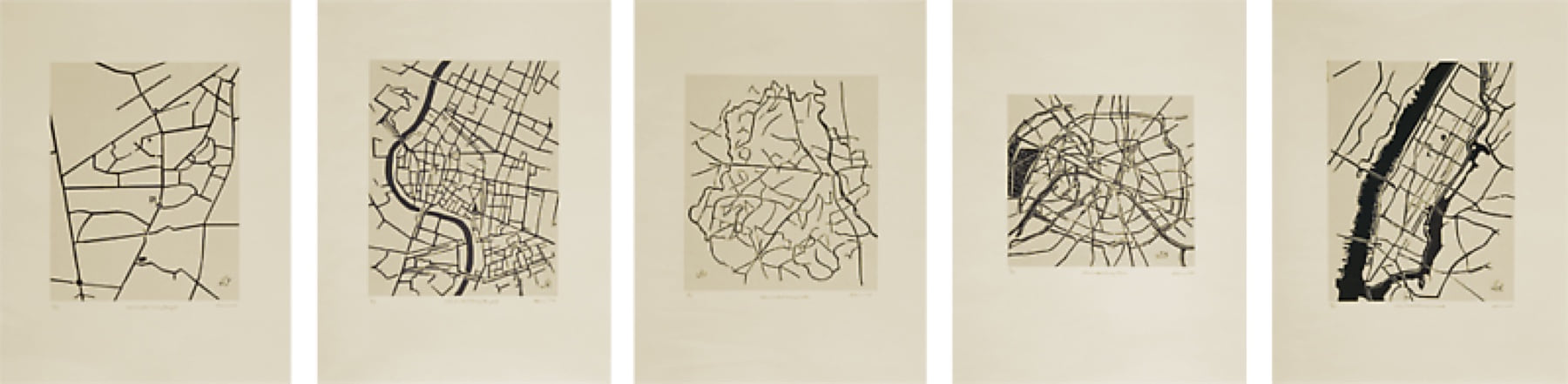 Cities I Called Home, 2010, a sequence of map prints by Zarina