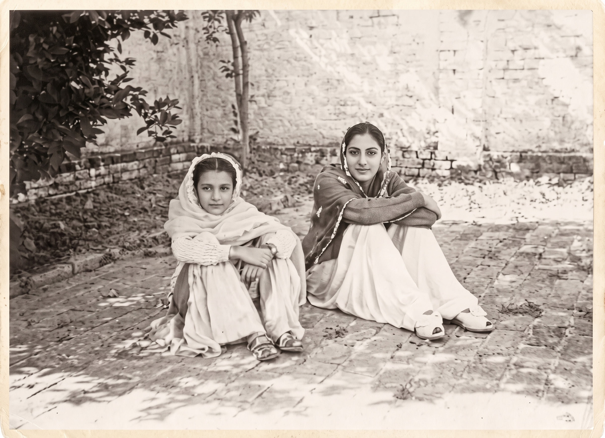 Zarina, left, and her sister Rani seated outdoors in Aligarh