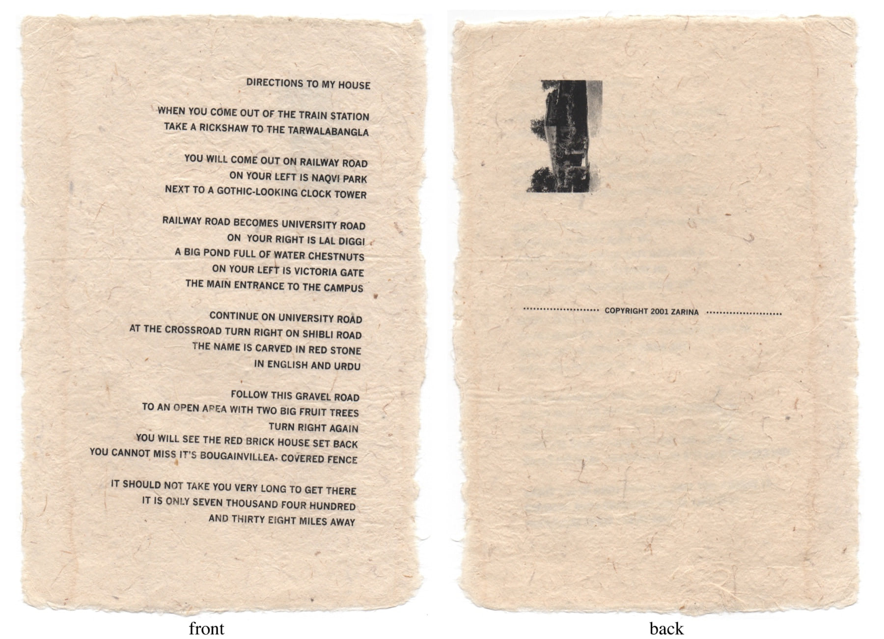 Front and back of Zarina’s Directions to My House on handmade paper